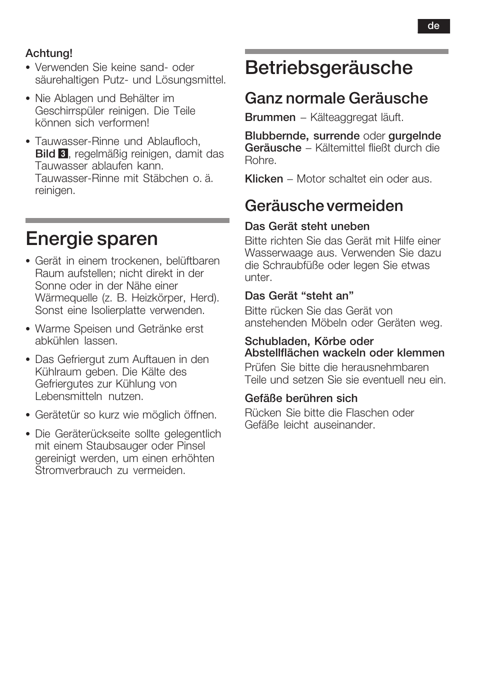 Energie sparen, Betriebsgeräusche, Ganz normale geräusche | Geräusche vermeiden | Neff K1634X6 User Manual | Page 11 / 64