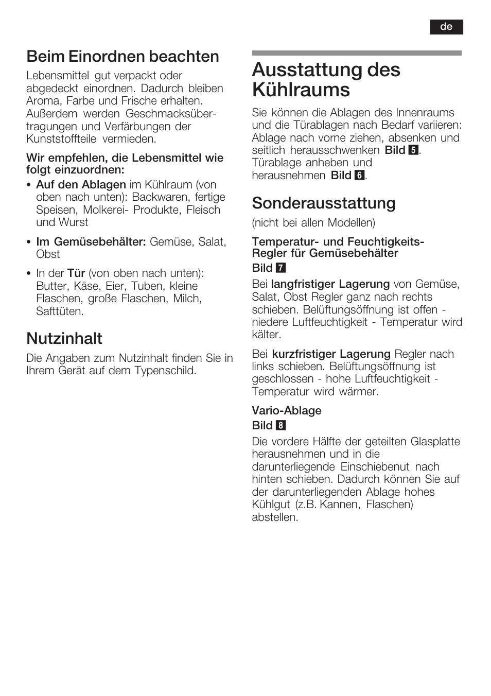 Ausstattung des kühlraums, Beim einordnen beachten, Nutzinhalt | Sonderausstattung | Neff K1634X6 User Manual | Page 9 / 64