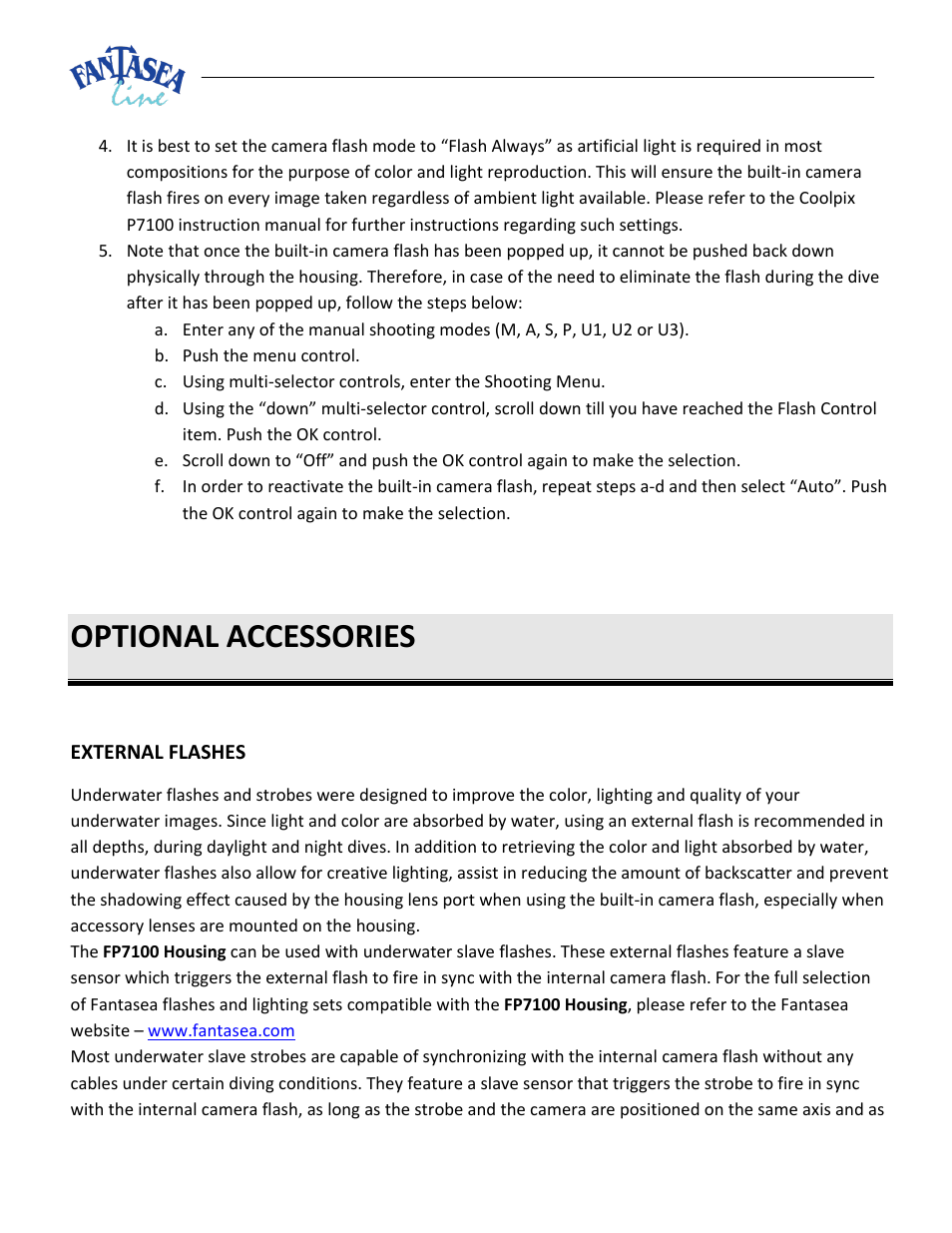Optional accessories, External, Flashes | Fantasea Line FP7100 Housing User Manual | Page 19 / 24