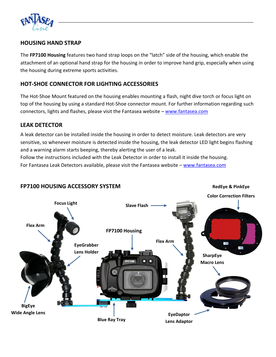 Ousing, Trap, Onnector for | Ighting, Ccessories, Leak, Detector, Fp7100, Ccessory, Ystem | Fantasea Line FP7100 Housing User Manual | Page 22 / 24