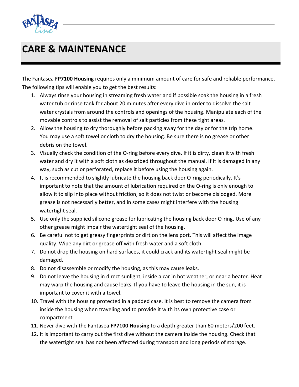 Care & maintenance | Fantasea Line FP7100 Housing User Manual | Page 23 / 24