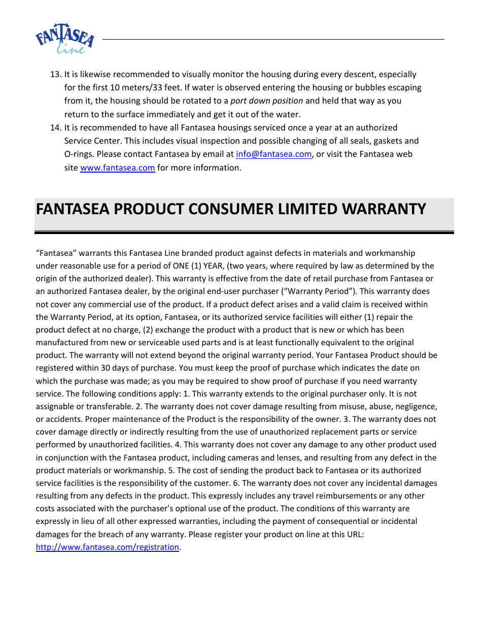 Fantasea product consumer limited warranty | Fantasea Line FP7100 Housing User Manual | Page 24 / 24
