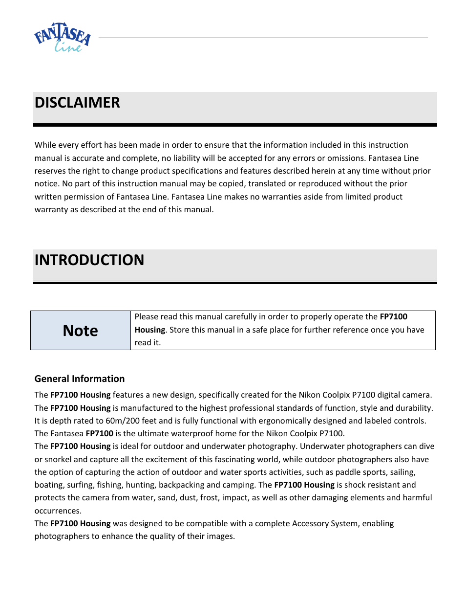 Disclaimer, Introduction, Eneral | Nformation | Fantasea Line FP7100 Housing User Manual | Page 3 / 24