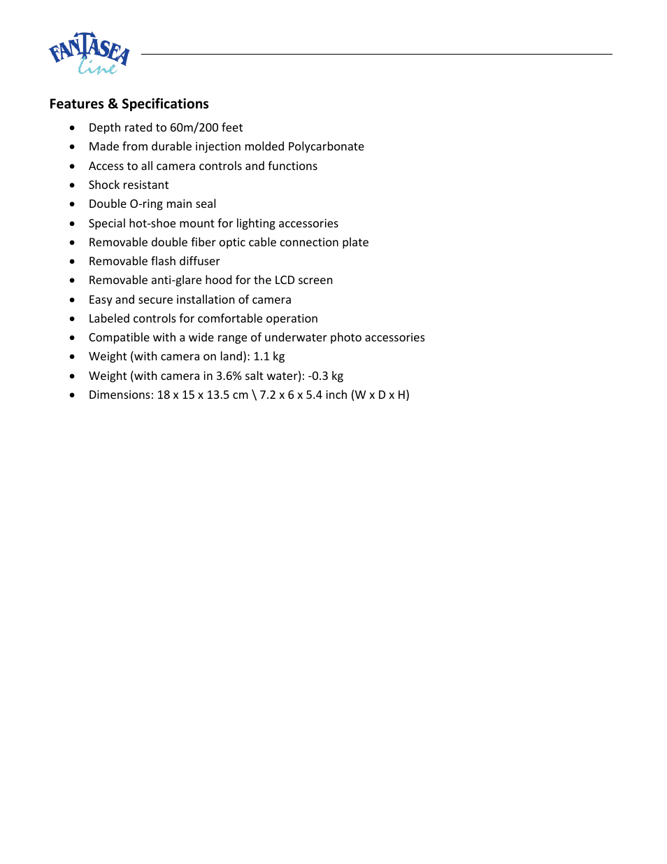 Eatures, Pecifications | Fantasea Line FP7100 Housing User Manual | Page 4 / 24