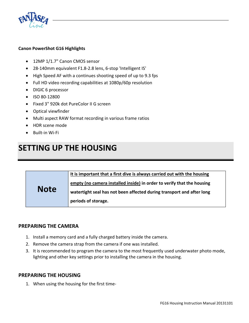 Setting up the housing, Reparing the, Amera | Reparing, Ousing | Fantasea Line FG16 Housing User Manual | Page 12 / 24