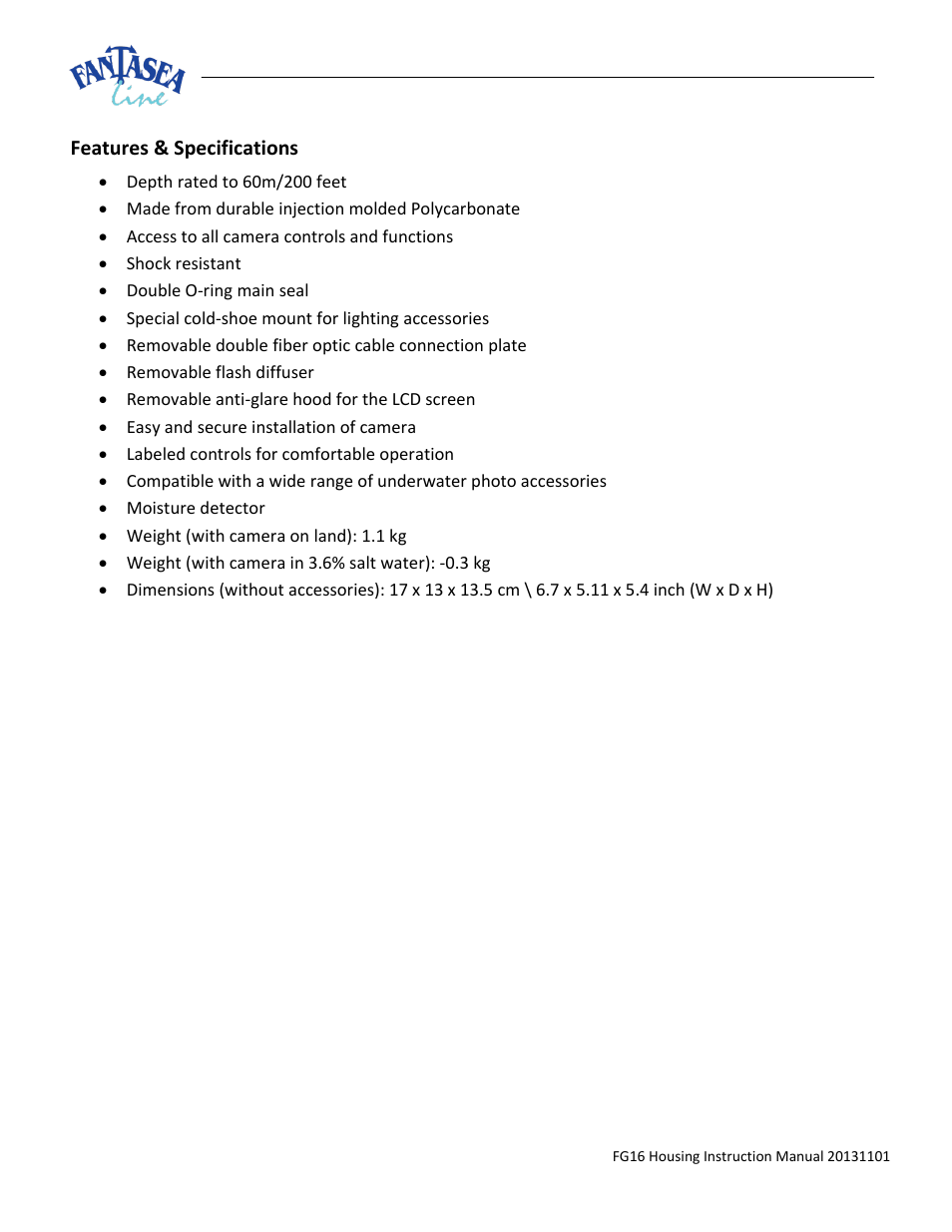 Eatures, Pecifications | Fantasea Line FG16 Housing User Manual | Page 4 / 24