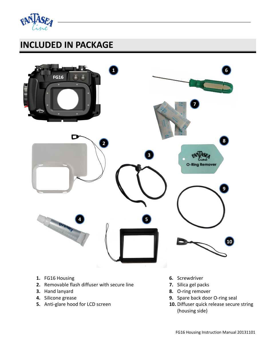 Included in package | Fantasea Line FG16 Housing User Manual | Page 5 / 24