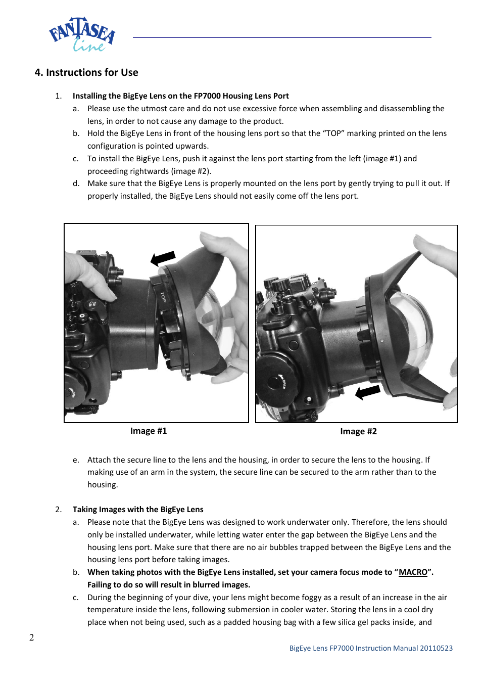 Instructions for use | Fantasea Line FP7000 BigEye Lens User Manual | Page 2 / 6