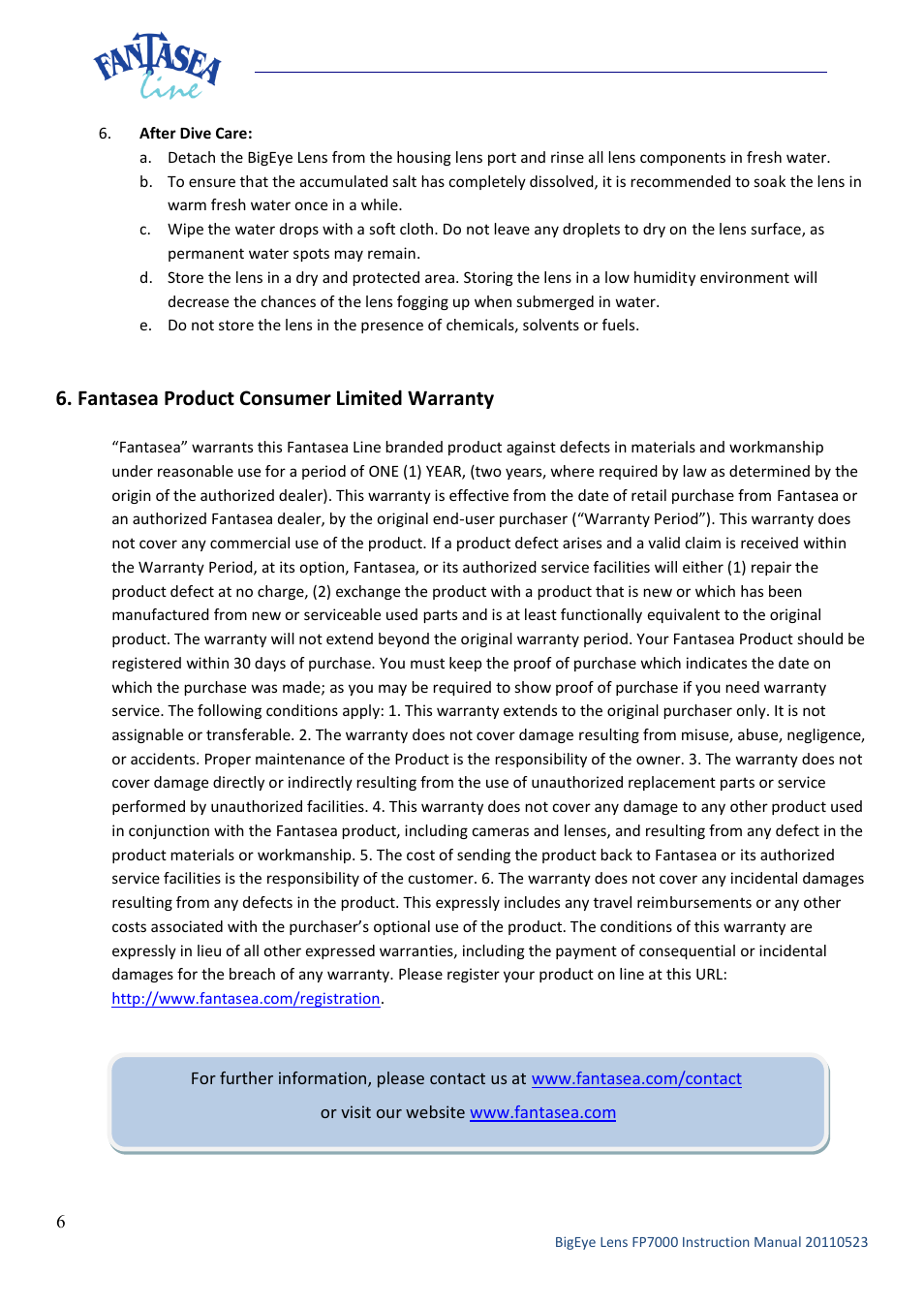Fantasea product consumer limited warranty | Fantasea Line FP7000 BigEye Lens User Manual | Page 6 / 6
