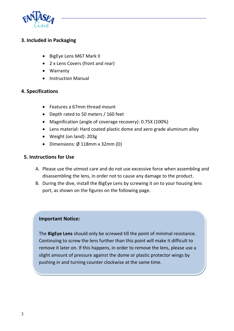 Fantasea Line M67 Mark II BigEye Lens User Manual | Page 3 / 7