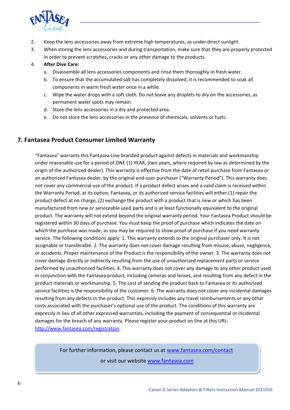 Fantasea product consumer limited warranty | Fantasea Line G Series RedEye Filter User Manual | Page 6 / 6
