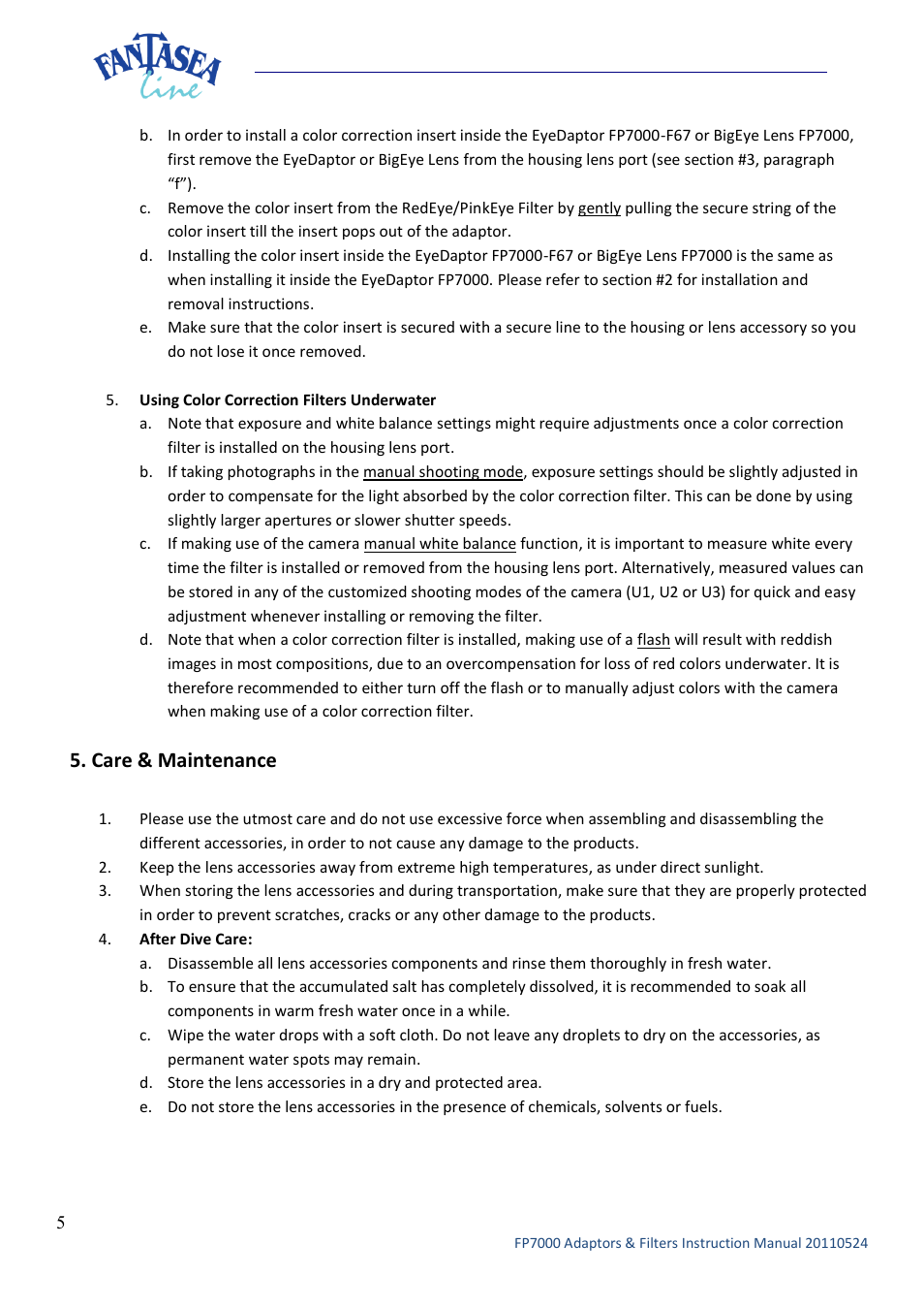 Care & maintenance | Fantasea Line F Series RedEye Filter User Manual | Page 5 / 6