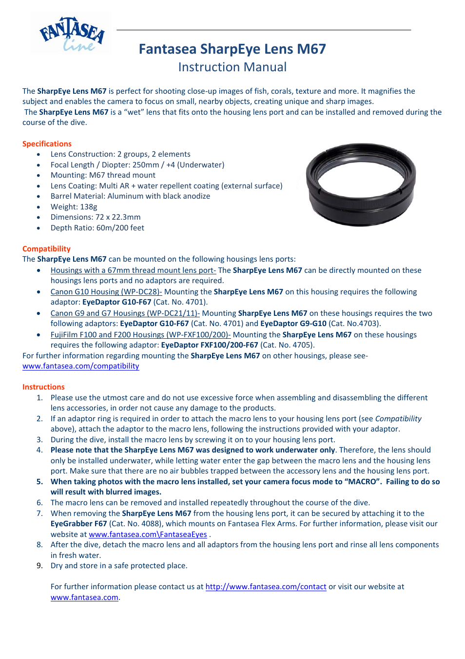 Fantasea Line M67 SharpEye Lens User Manual | 1 page