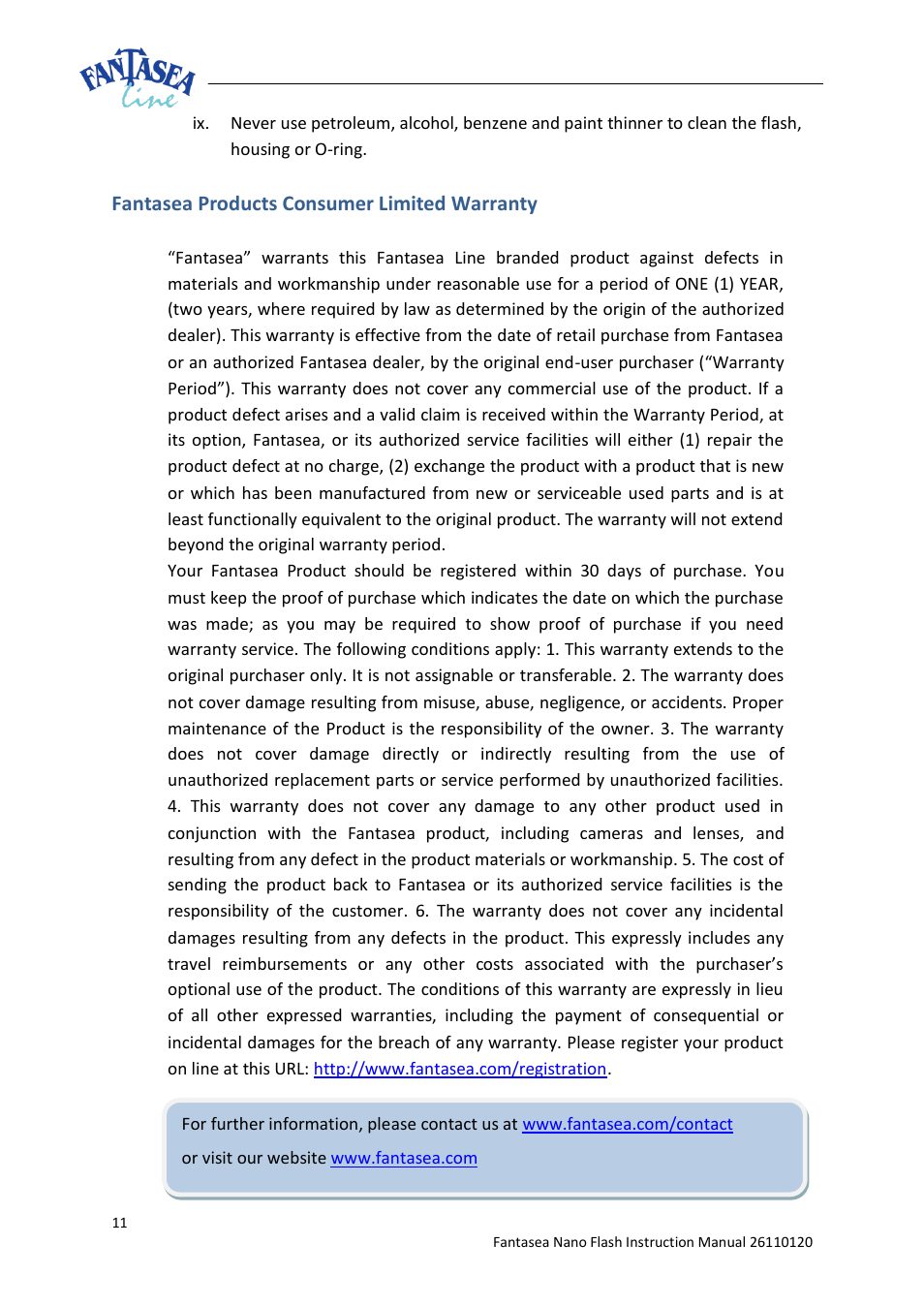 Fantasea products consumer limited warranty | Fantasea Line Nano Flash Action 700 Lighting Set User Manual | Page 11 / 11
