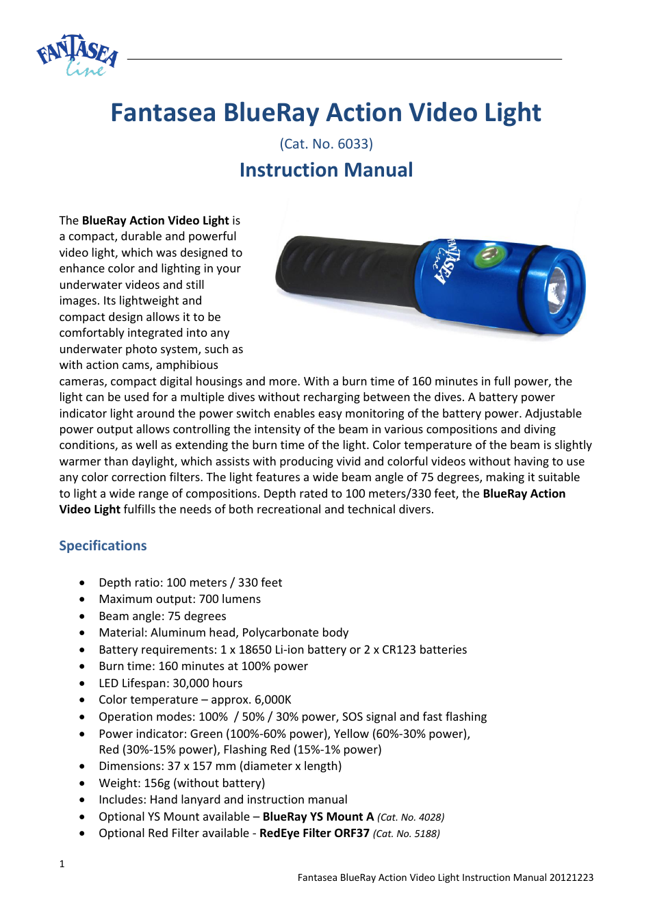 Fantasea Line Action 700 Video Light User Manual | 4 pages