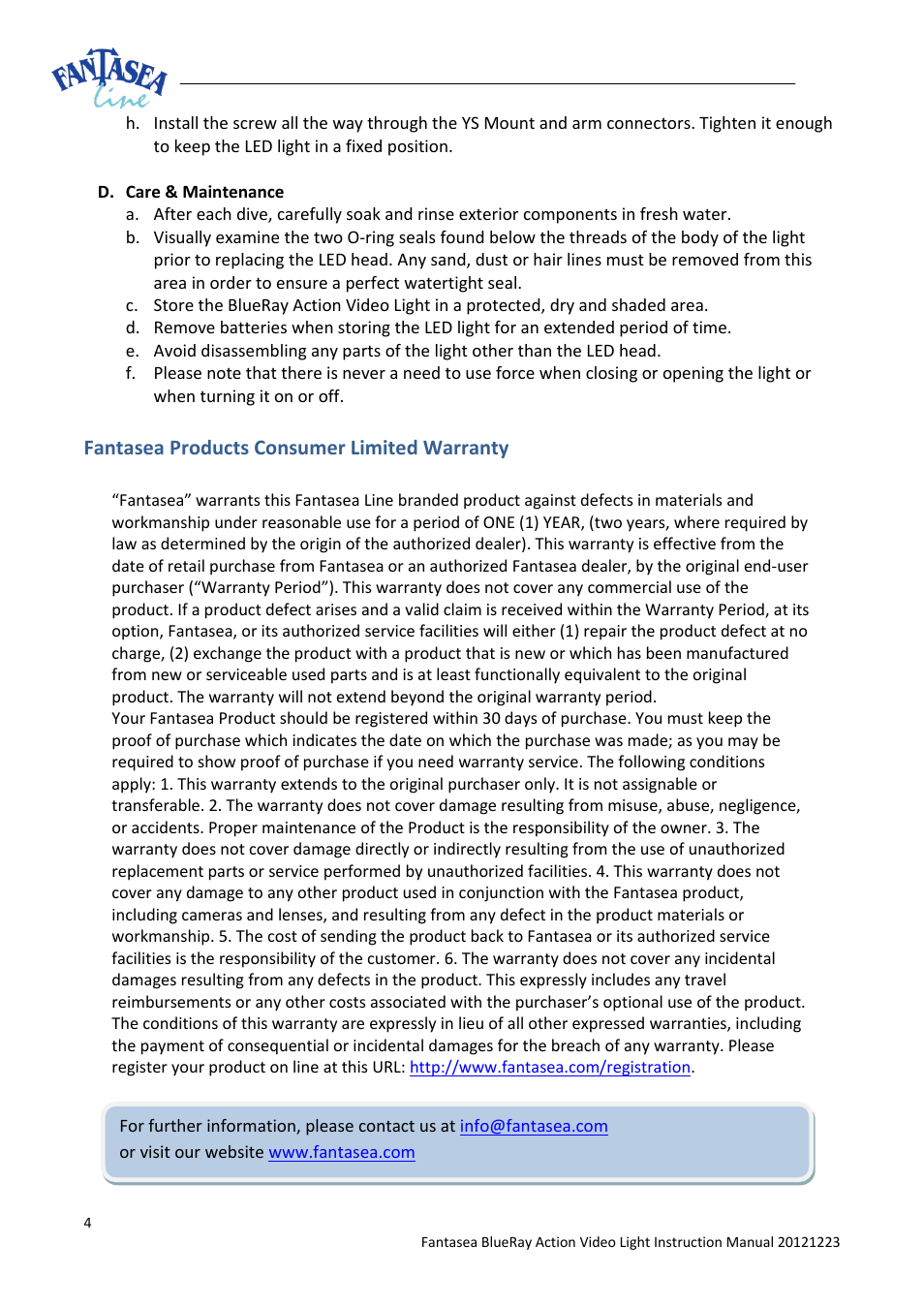 Fantasea products consumer limited warranty | Fantasea Line Action 700 Video Light User Manual | Page 4 / 4