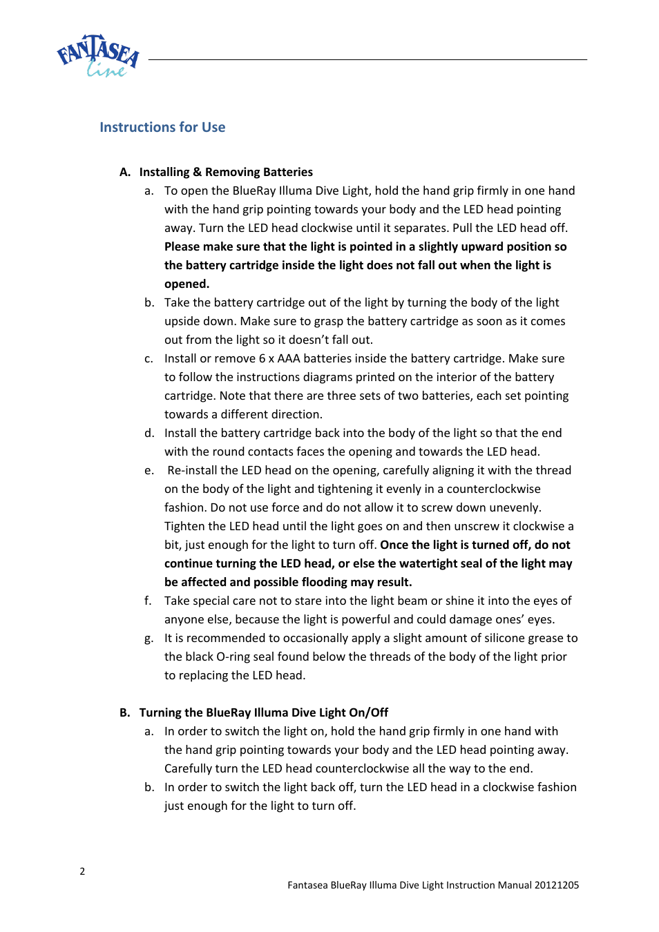 Fantasea Line Illuma 500 Dive Light User Manual | Page 2 / 4