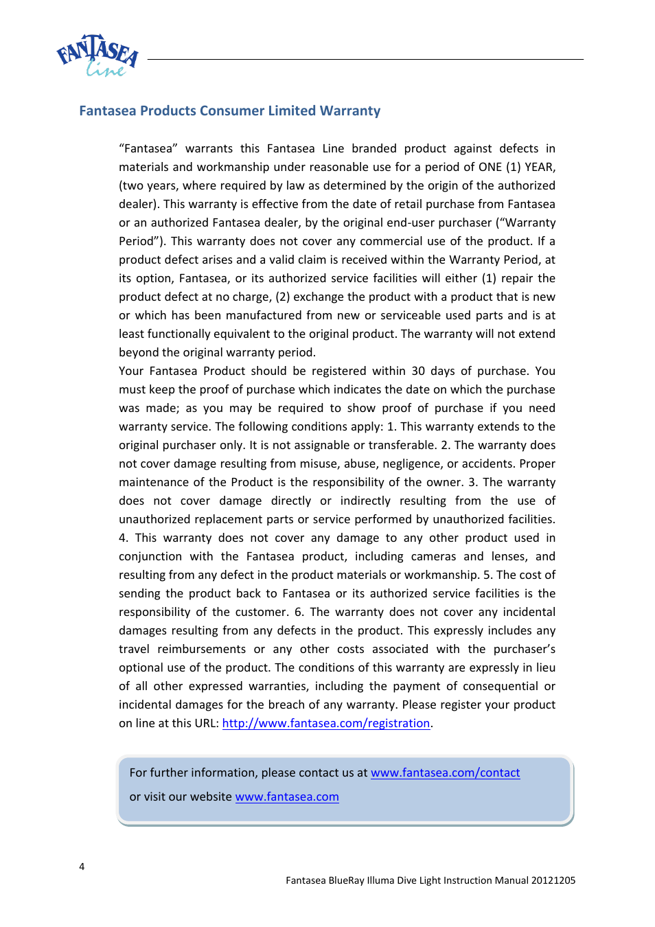 Fantasea products consumer limited warranty | Fantasea Line Illuma 500 Dive Light User Manual | Page 4 / 4