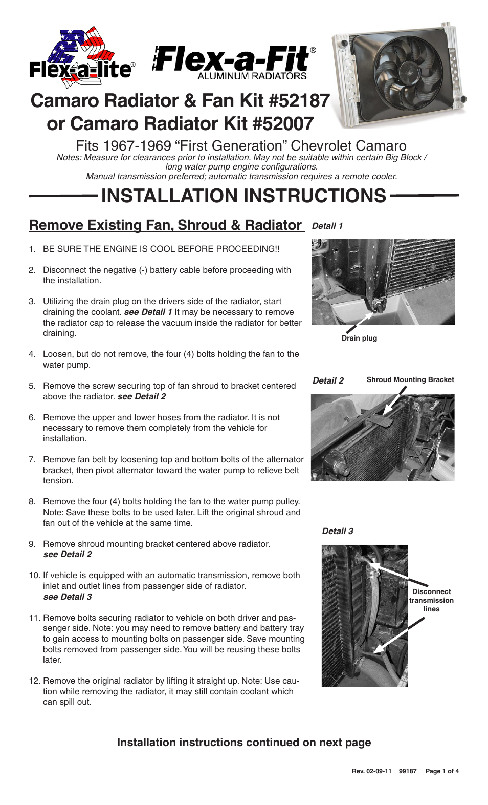 Flex-a-Lite 52007 Camaro Radiator Kit Fits 1967-1969 First Generation Chevrolet Camaro User Manual | 4 pages