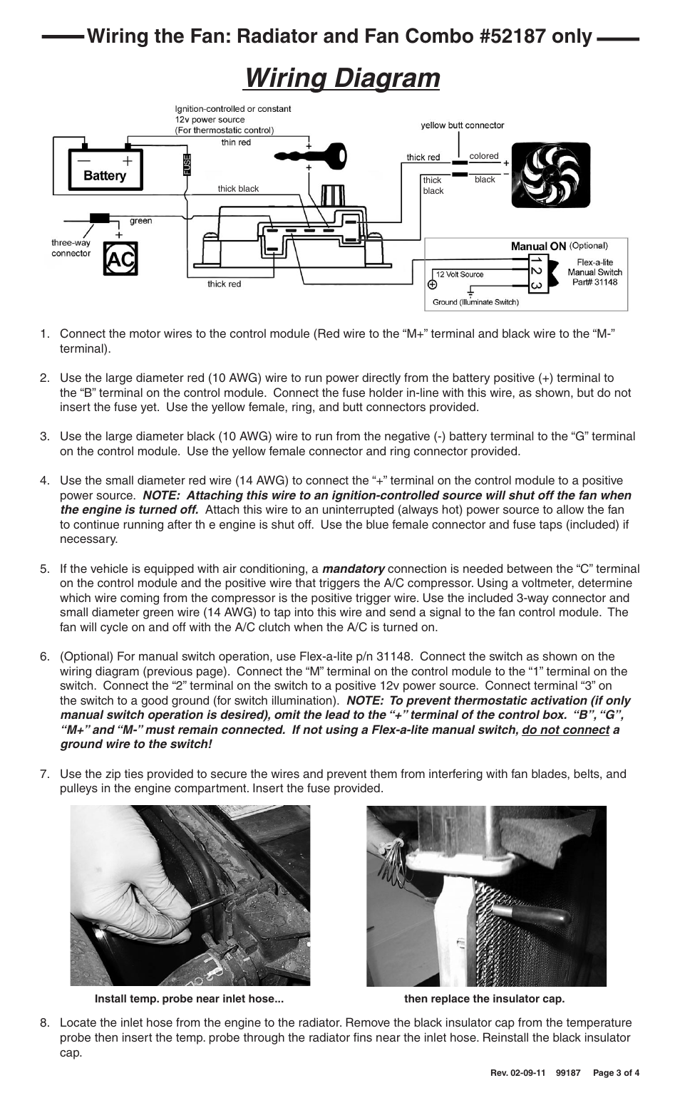 Wiring diagram | Flex-a-Lite 52007 Camaro Radiator Kit Fits 1967-1969 First Generation Chevrolet Camaro User Manual | Page 3 / 4