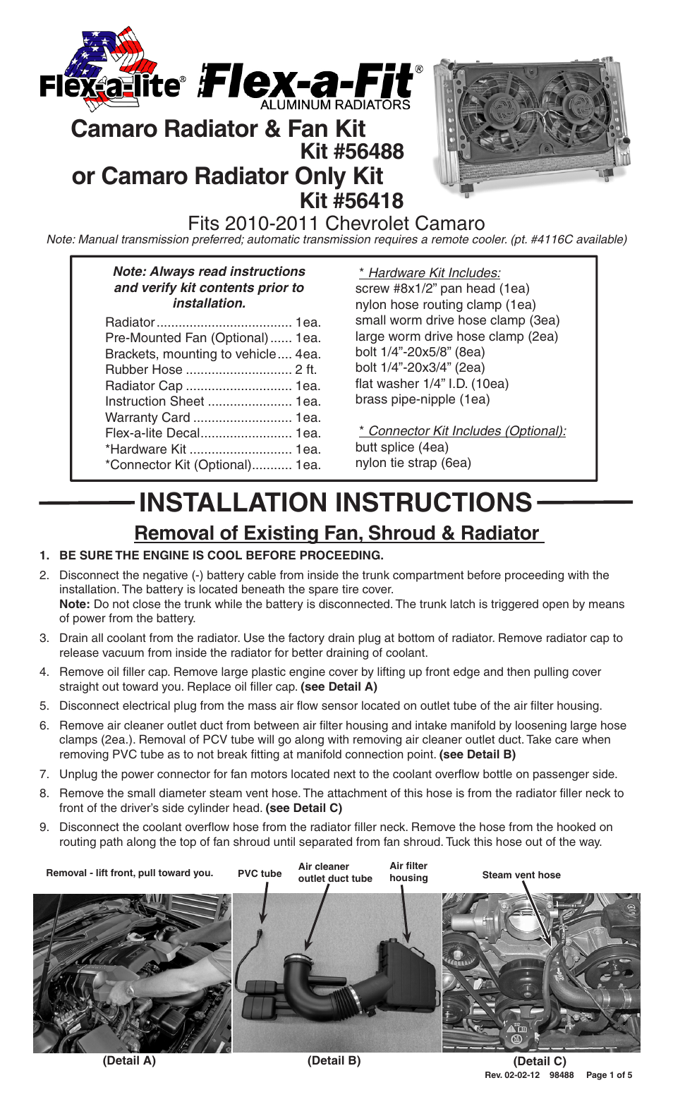 Flex-a-Lite 56418 Camaro Radiator Only Kit Fits 2010-2011 Chevrolet Camaro User Manual | 5 pages