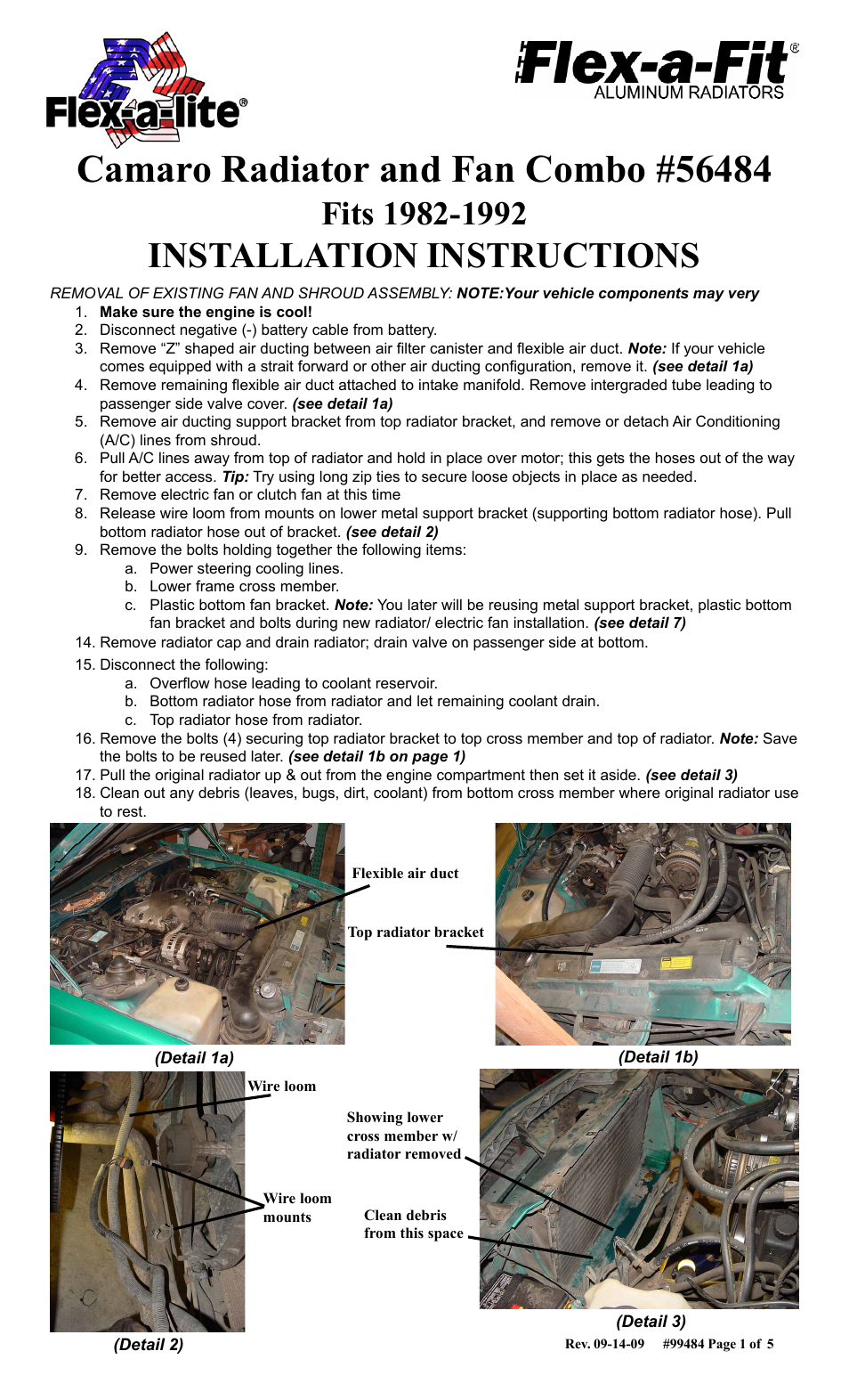 Flex-a-Lite 56484 Camaro Radiator and Fan Combo Fits 1982-1992 User Manual | 5 pages