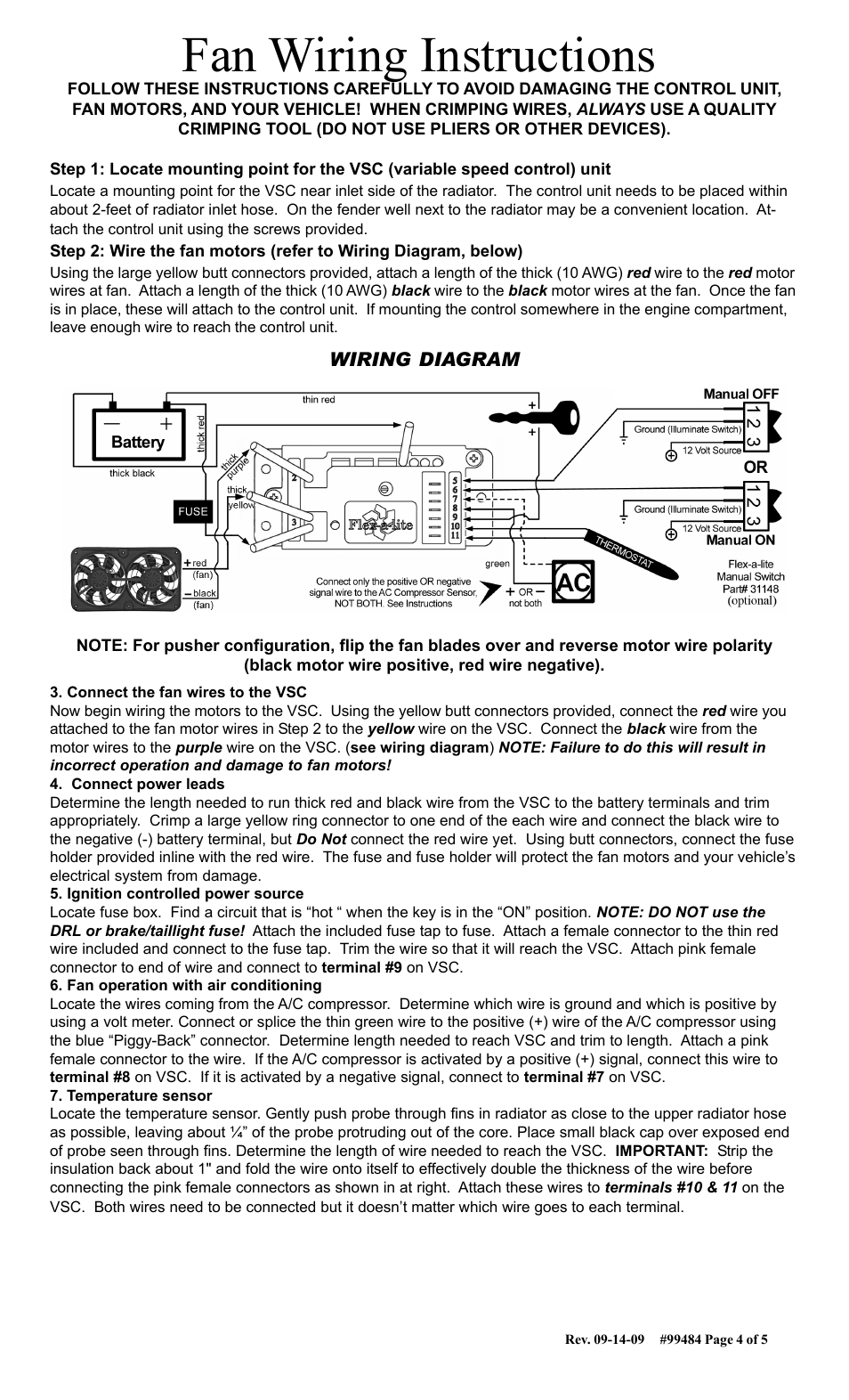 Fan wiring instructions | Flex-a-Lite 56484 Camaro Radiator and Fan Combo Fits 1982-1992 User Manual | Page 4 / 5