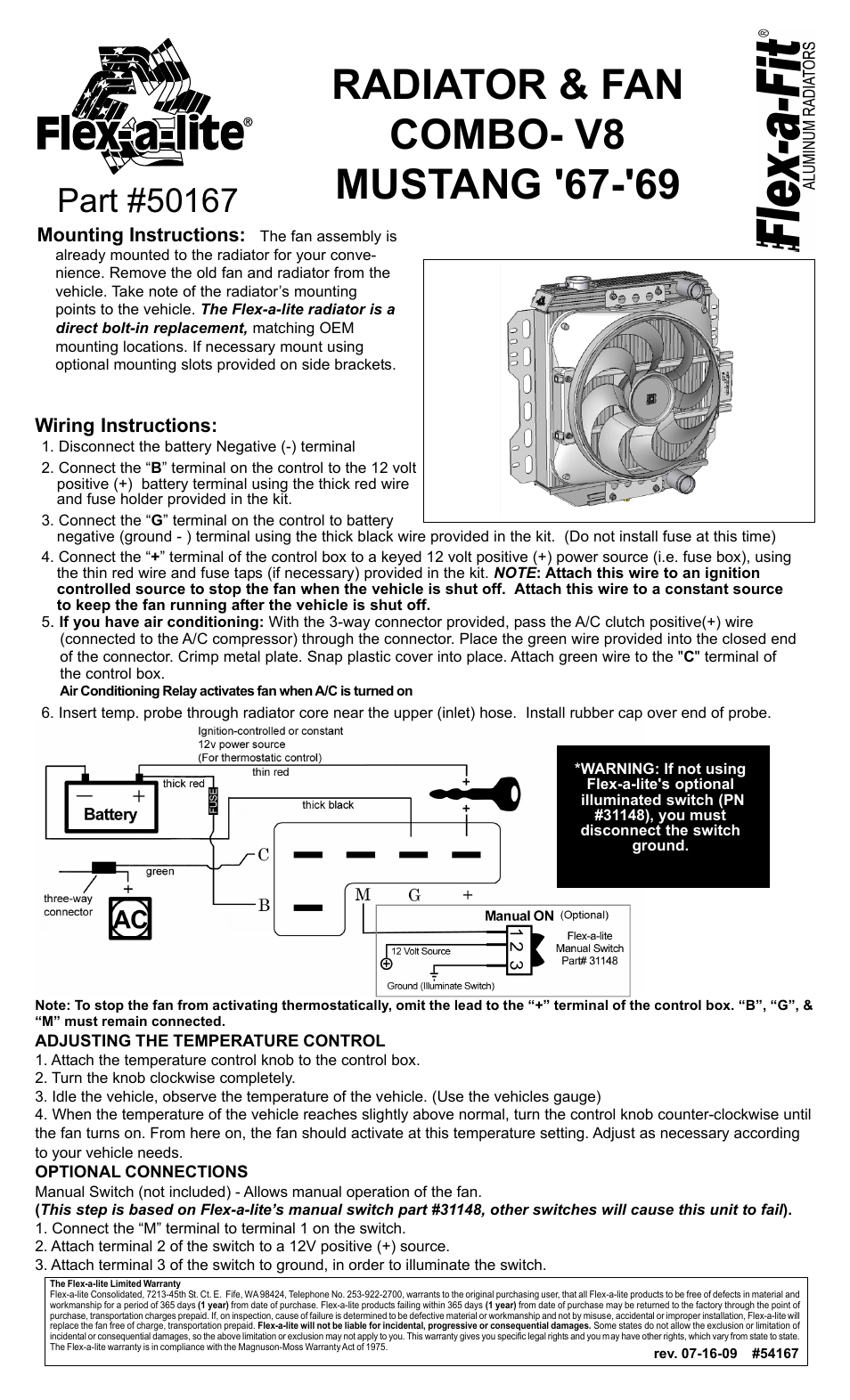 Flex-a-Lite 50167 RADIATOR & FAN COMBO- V8 MUSTANG 67-69 User Manual | 1 page