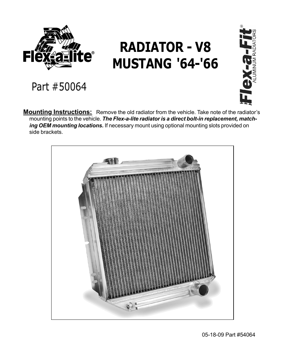 Flex-a-Lite 50064 RADIATOR - V8 MUSTANG 64-66 User Manual | 2 pages