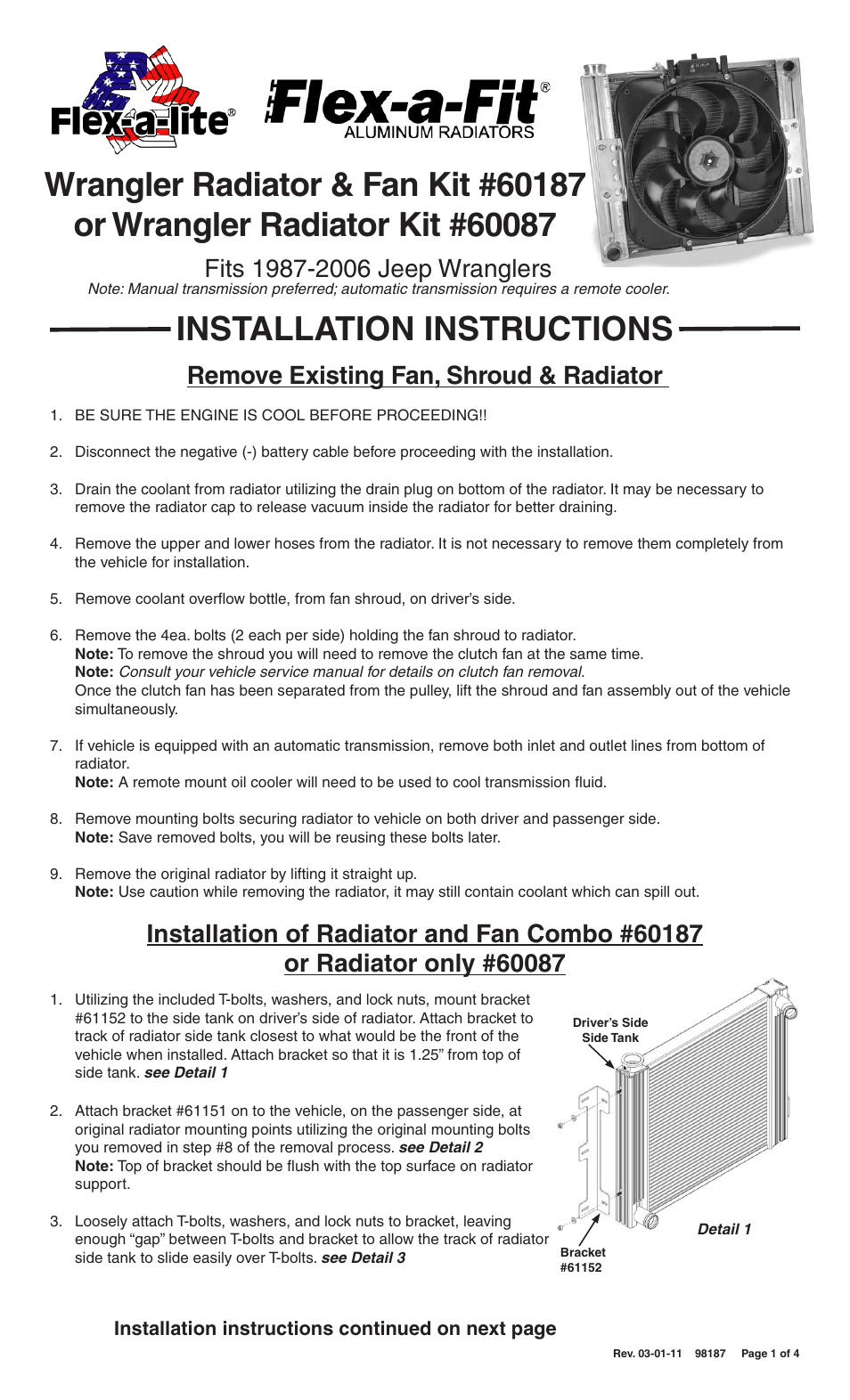 Flex-a-Lite 60087 Wrangler Radiator Kit Fits 1987-2006 Jeep Wranglers User Manual | 4 pages