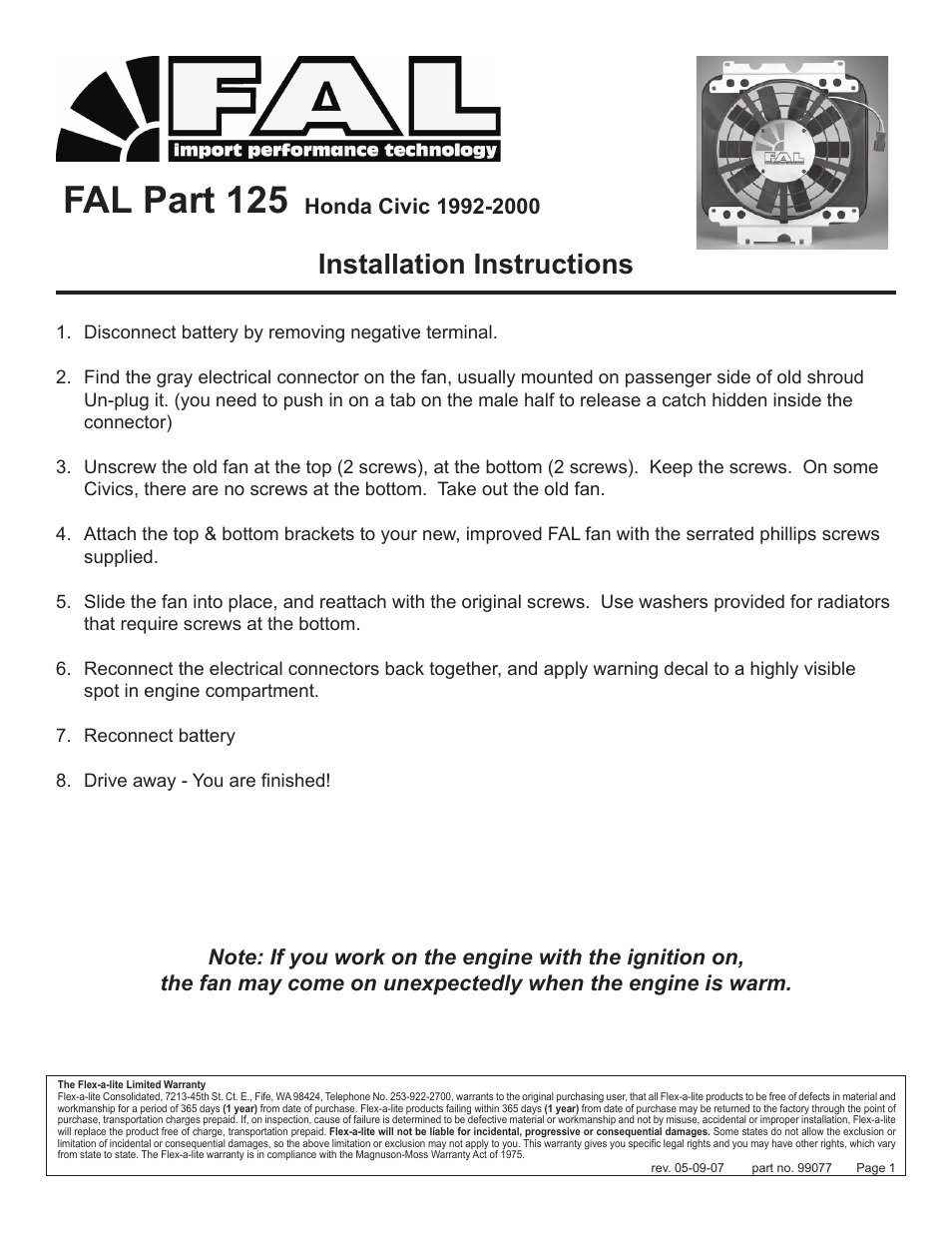 Flex-a-Lite 125 FAL Honda Civic 1992-2000 User Manual | 1 page