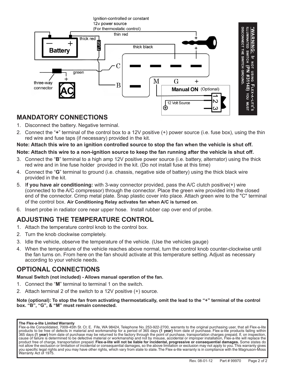 Mandatory connections, Adjusting the temperature control, Optional connections | Flex-a-Lite 175 Black Magic for the FORD MUSTANG 5.0 (1979-1993) User Manual | Page 2 / 2