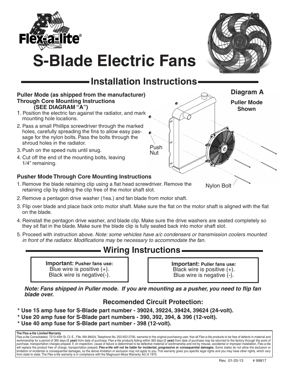 Flex-a-Lite S-Blade Electric Fans User Manual | 1 page