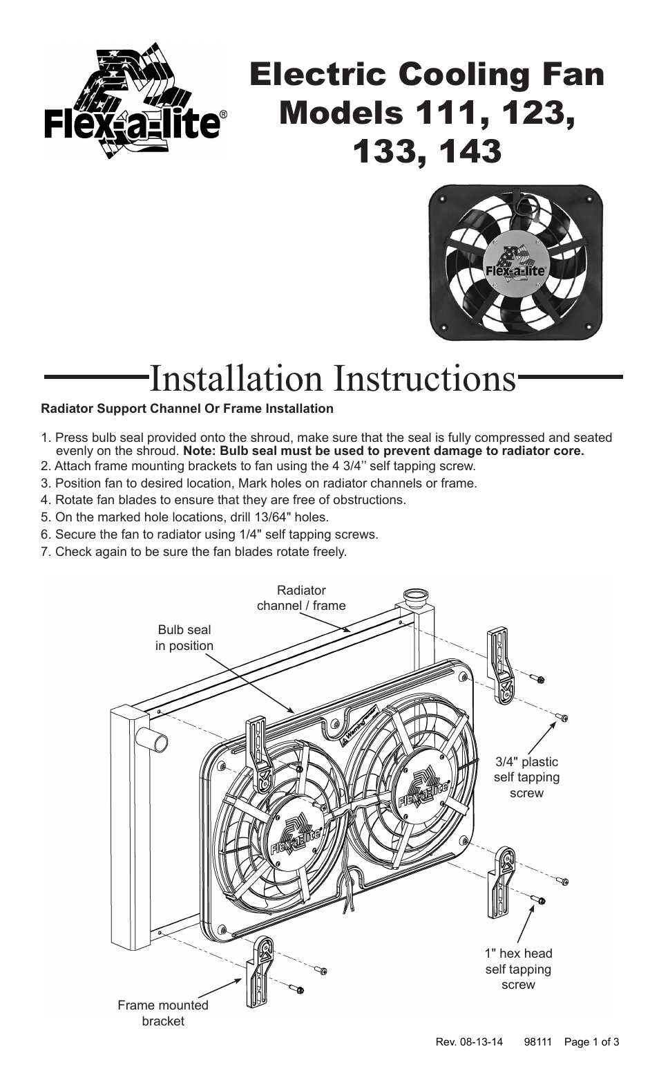 Flex-a-Lite 143 Electric Cooling Fan User Manual | 3 pages