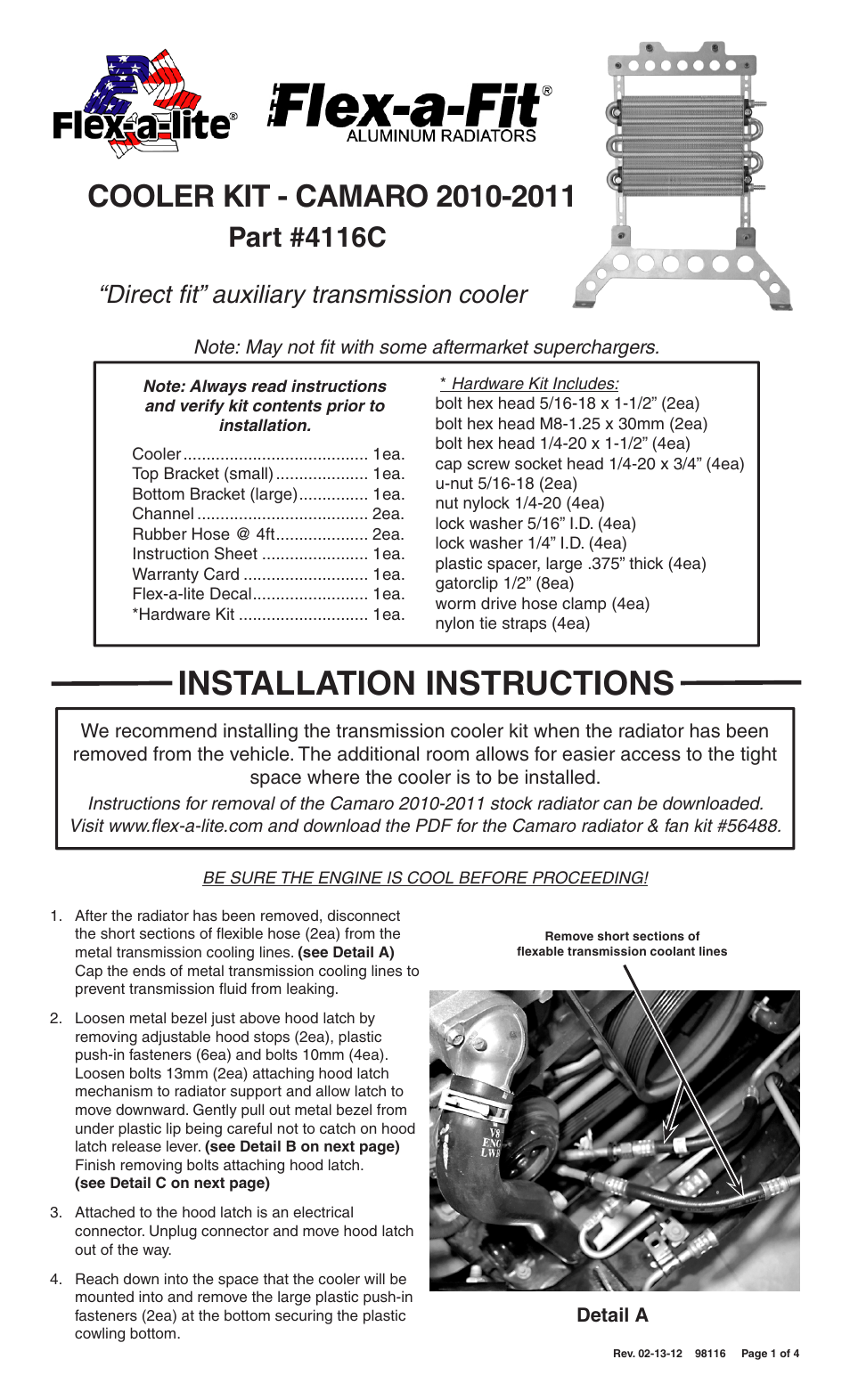 Flex-a-Lite 4116C COOLER KIT - CAMARO 2010-2011 User Manual | 4 pages