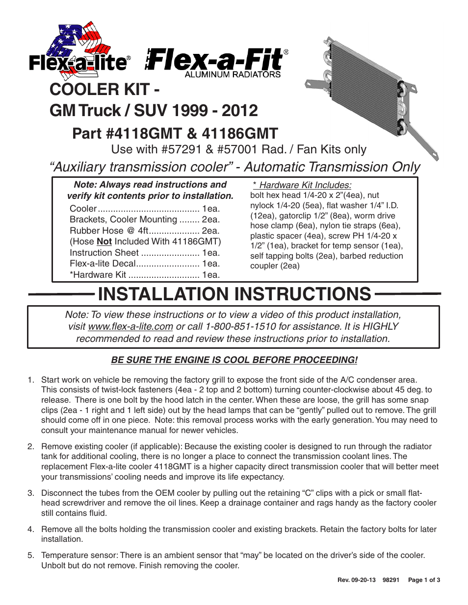 Flex-a-Lite 41186GMT COOLER KIT - GM Truck / SUV 1999 - 2012 User Manual | 3 pages