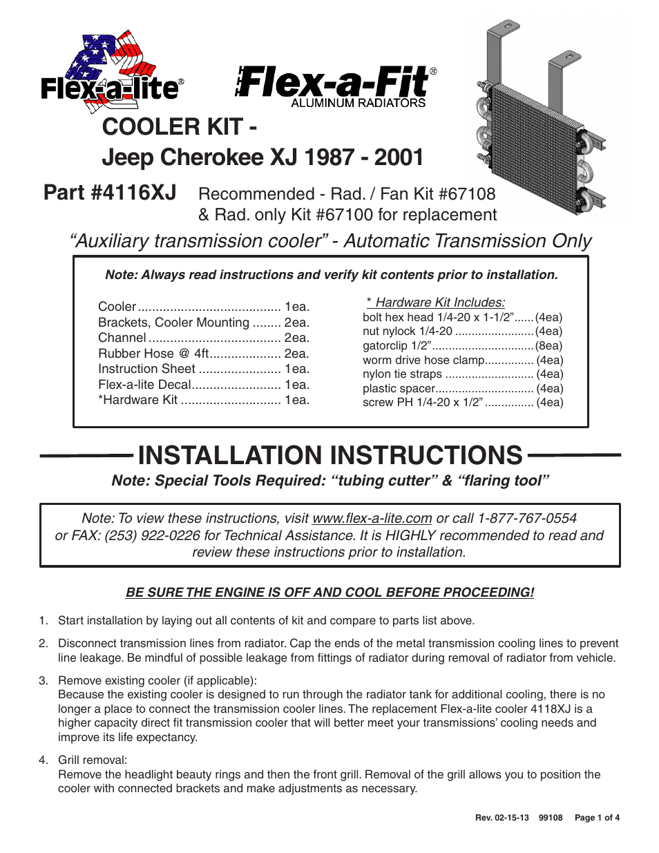 Flex-a-Lite 4116XJ COOLER KIT - Jeep Cherokee XJ 1987 - 2001 User Manual | 4 pages