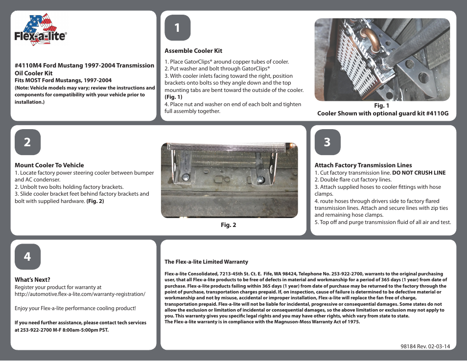 Flex-a-Lite 4110M4 Ford Mustang 1997-2004 Transmission Oil Cooler Kit User Manual | 1 page