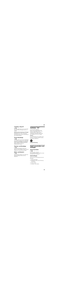 Türablage „easylift, Fixierte glasablage, Flaschen- und eierablage | Butter- und käsefach, Aufkleber “ok, Gerät ausschalten und stilllegen, Gerät ausschalten, Gerät stilllegen | Neff K8111X0 User Manual | Page 13 / 79