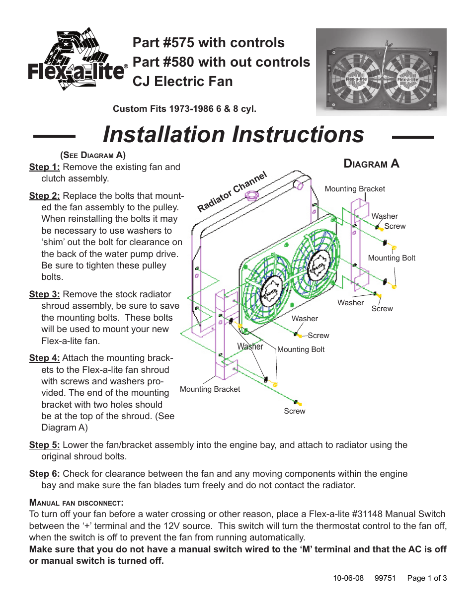 Flex-a-Lite 580 with out controls CJ Electric Fan Fits 1973-1986 6 & 8 cyl. User Manual | 3 pages