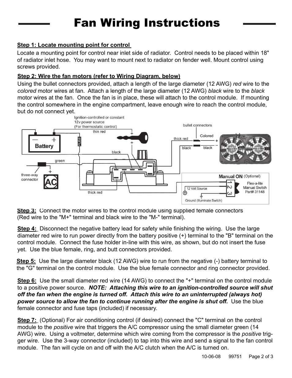 Fan wiring instructions | Flex-a-Lite 580 with out controls CJ Electric Fan Fits 1973-1986 6 & 8 cyl. User Manual | Page 2 / 3