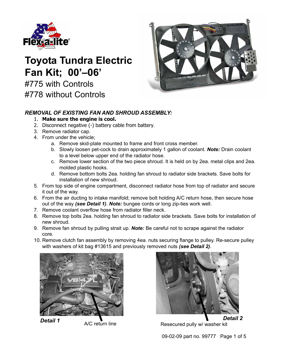 Flex-a-Lite 778 without Controls Toyota Tundra Electric Fan Kit; 00-06 User Manual | 6 pages