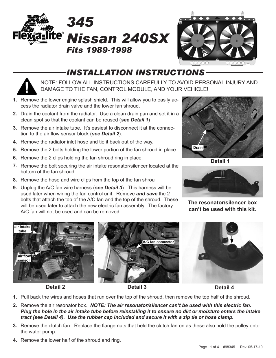 Flex-a-Lite 345 Nissan 240SX Fits 1989-1998 User Manual | 4 pages