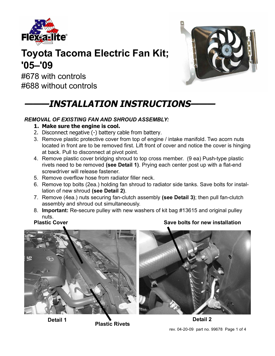 Flex-a-Lite 688 without controls Toyota Tacoma Electric Fan Kit; 05-09 User Manual | 4 pages