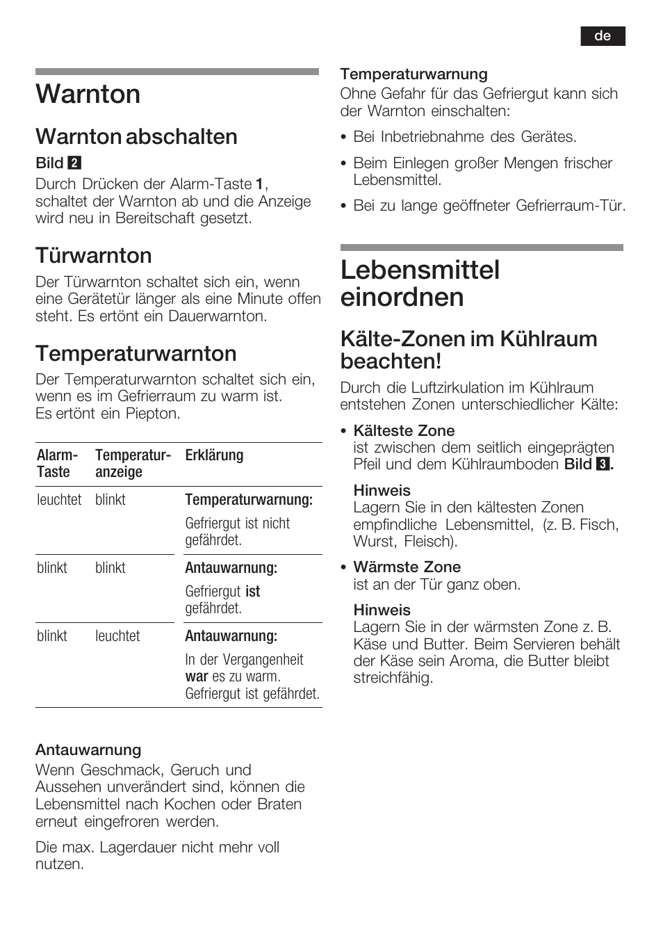 Warnton, Lebensmittel einordnen, Warnton abschalten | Türwarnton, Temperaturwarnton, Kältećzonen im kühlraum beachten | Neff K8341X0 User Manual | Page 11 / 100