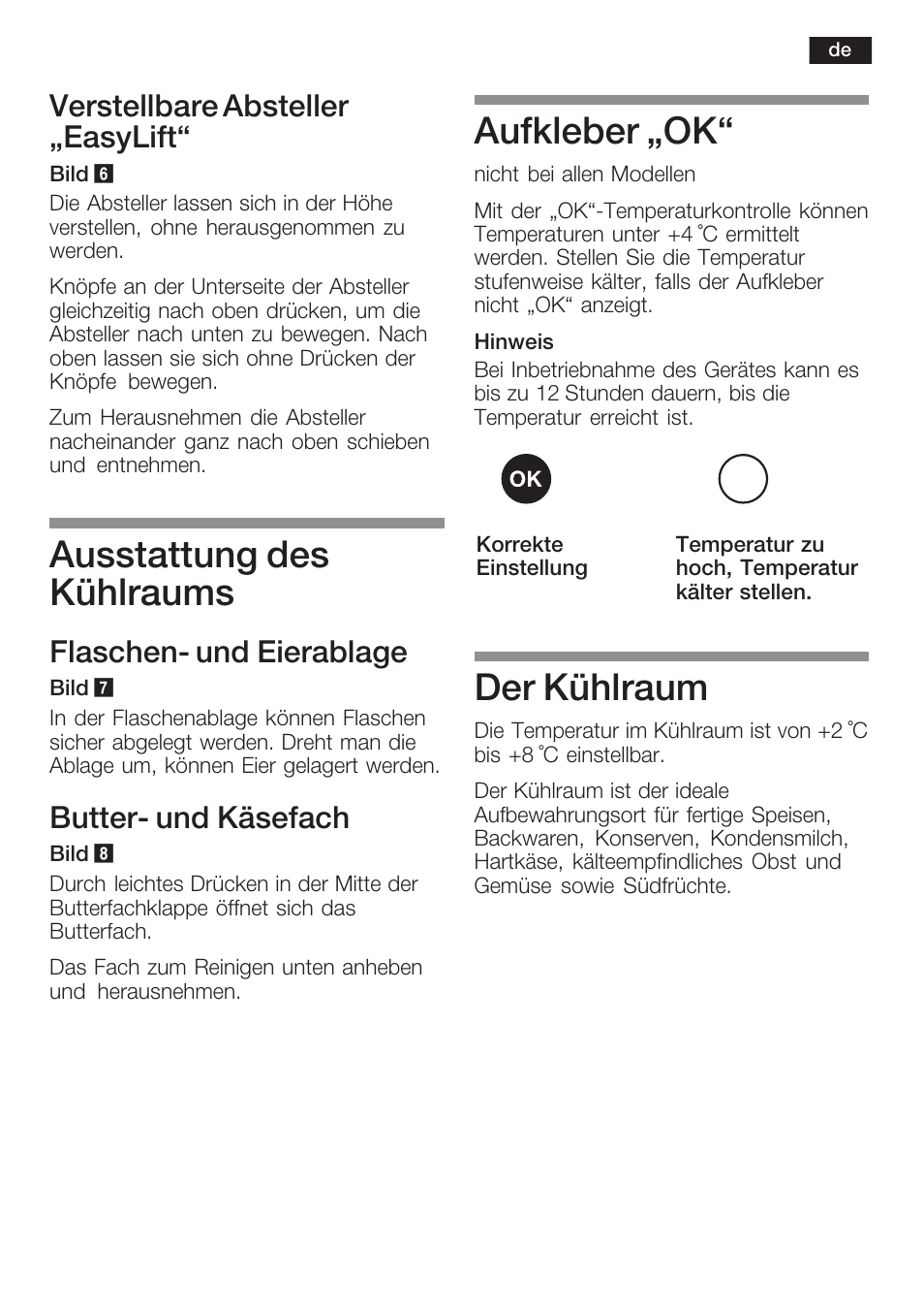 Ausstattung des kühlraums, Aufkleber ęok, Der kühlraum | Verstellbare absteller ęeasylift, Flaschenć und eierablage, Butterć und käsefach | Neff K8341X0 User Manual | Page 13 / 100
