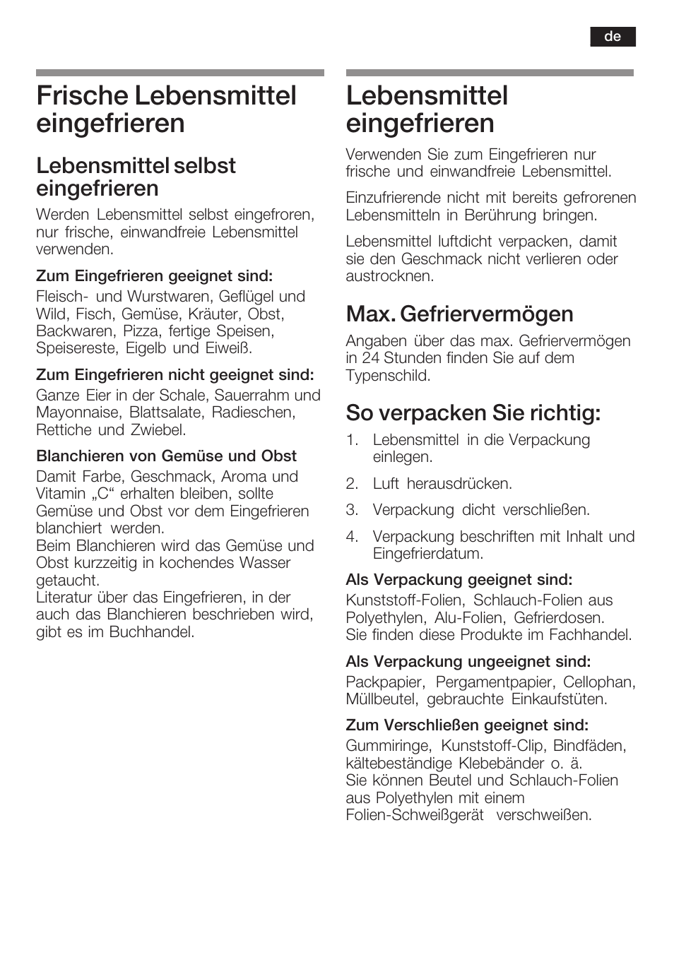 Frische lebensmittel eingefrieren, Lebensmittel eingefrieren, Lebensmittel selbst eingefrieren | Max. gefriervermögen, So verpacken sie richtig | Neff K8341X0 User Manual | Page 15 / 100