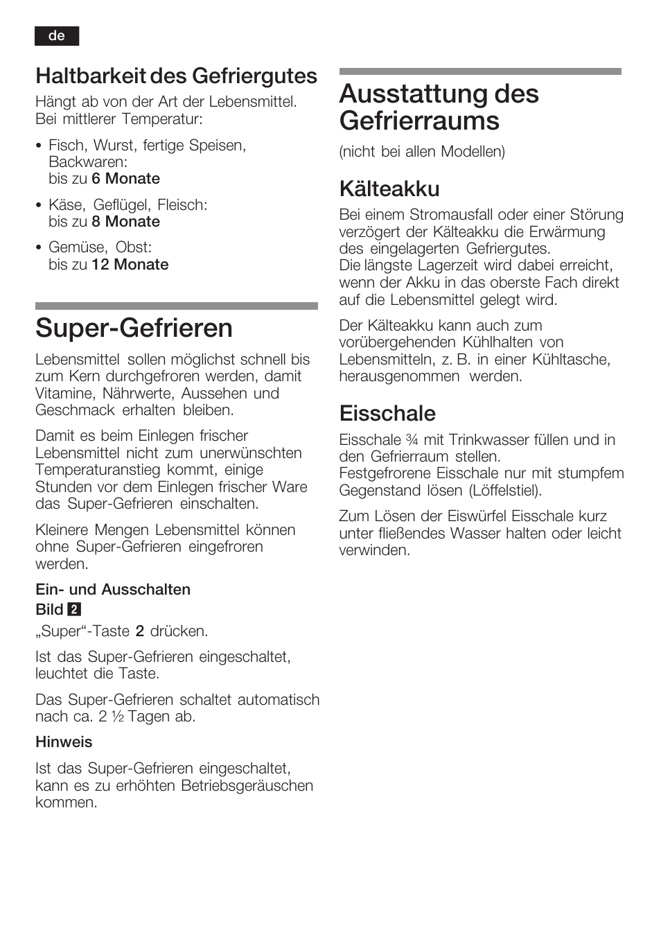 Superćgefrieren, Ausstattung des gefrierraums, Haltbarkeit des gefriergutes | Kälteakku, Eisschale | Neff K8341X0 User Manual | Page 16 / 100