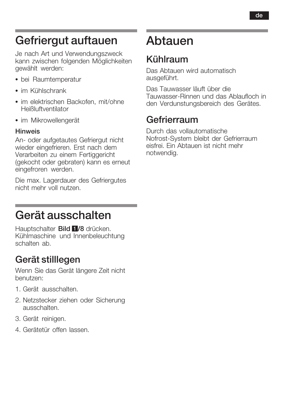 Abtauen, Gefriergut auftauen, Gerät ausschalten | Gerät stilllegen, Kühlraum, Gefrierraum | Neff K8341X0 User Manual | Page 17 / 100