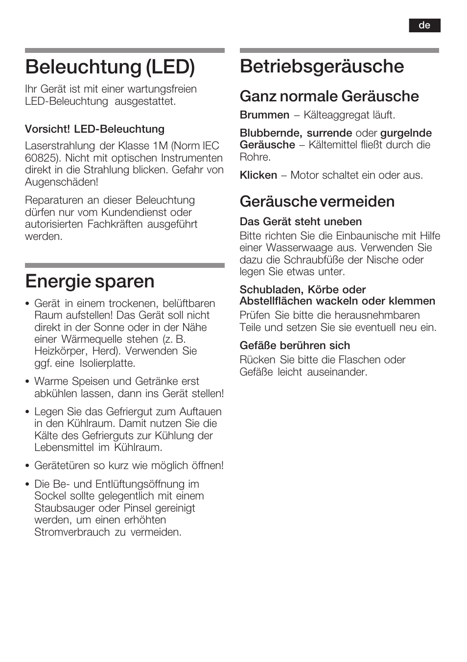 Beleuchtung (led), Energie sparen, Betriebsgeräusche | Ganz normale geräusche, Geräusche vermeiden | Neff K8341X0 User Manual | Page 19 / 100